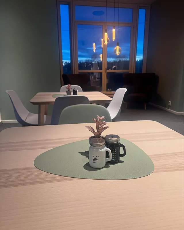 Bord i et dempet opplyst rom med salt- og pepperbøsser samt liten plante på grønn brikke.